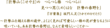 「　巨勢山（こせやま）の　つらつら椿　つらつらに　見つつ思（しの）はな　　巨勢の春野を　」　『万葉集』　坂門人足（さかとのひとたり）
