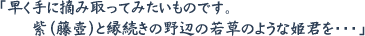 「早く手に摘み取ってみたいものです。 紫(藤壺)と縁続きの野辺の若草のような姫君を・・・」