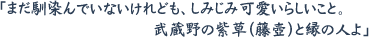 「まだ馴染んでいないけれども、しみじみ可愛いらしいこと。 武蔵野の紫草(藤壺)と縁の人よ」